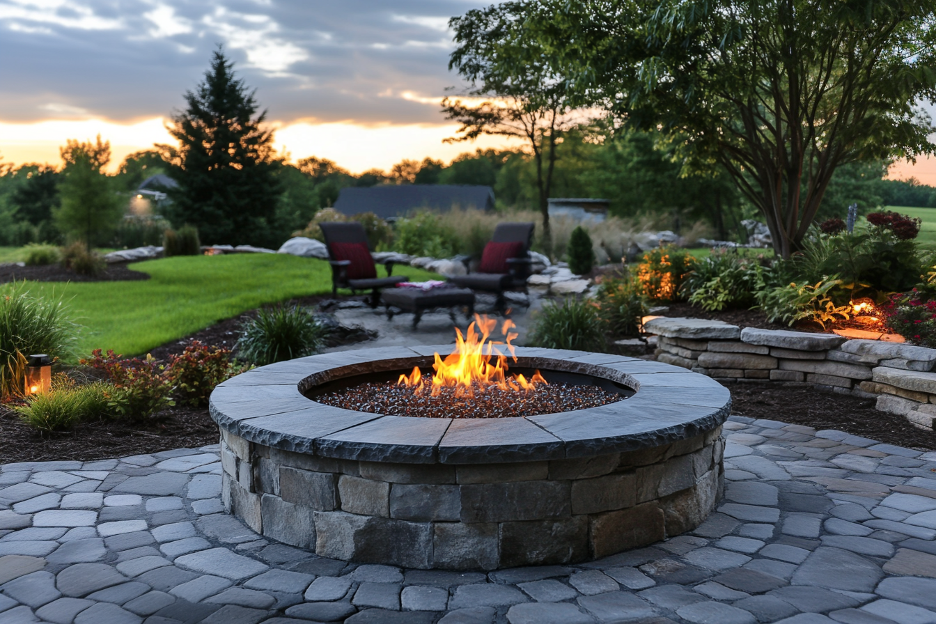 Finished Warming Trends 72" External Diameter Circular Ready to Finish Fire pit Kit 350,000 BTU CROSSFIRE® Burner in back yard