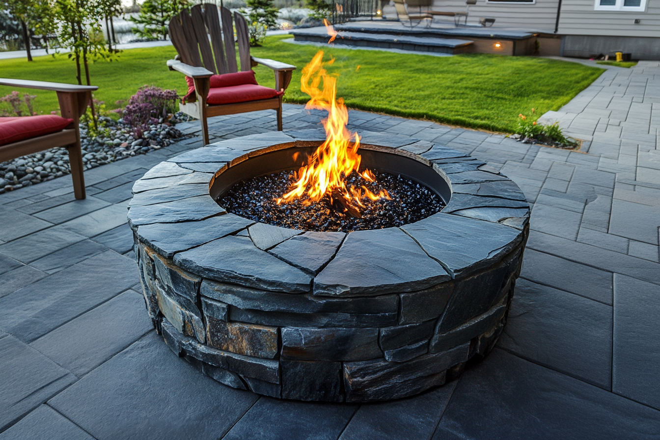 Finished Warming Trends 60" External Diameter Circular Ready to Finish Fire Pit Kit 290,000 BTU CROSSFIRE® Burner in back yard