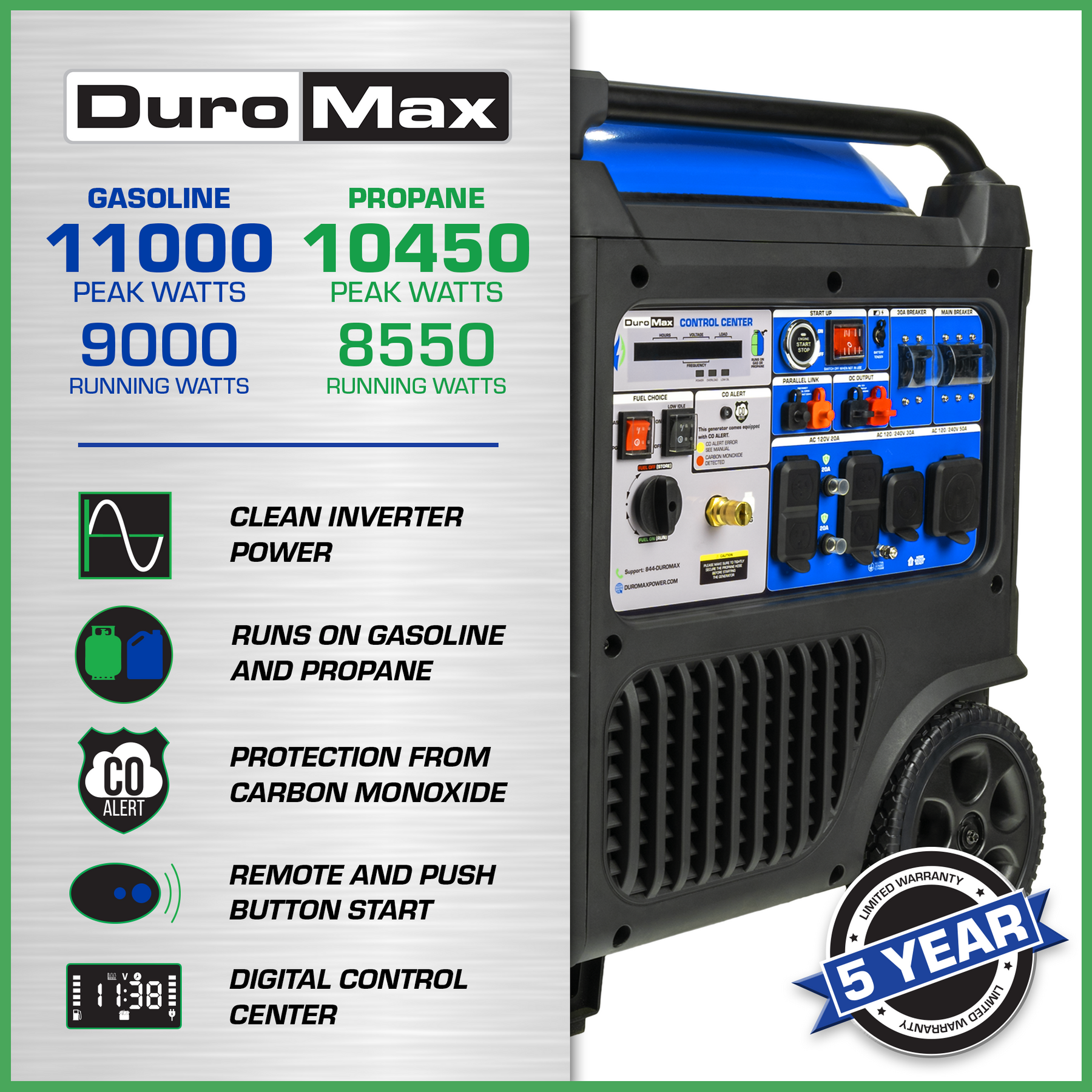 DuroMax XP11000iH 11,000 Watt Portable Dual Fuel Inverter Generator - Quiet & Reliable Power