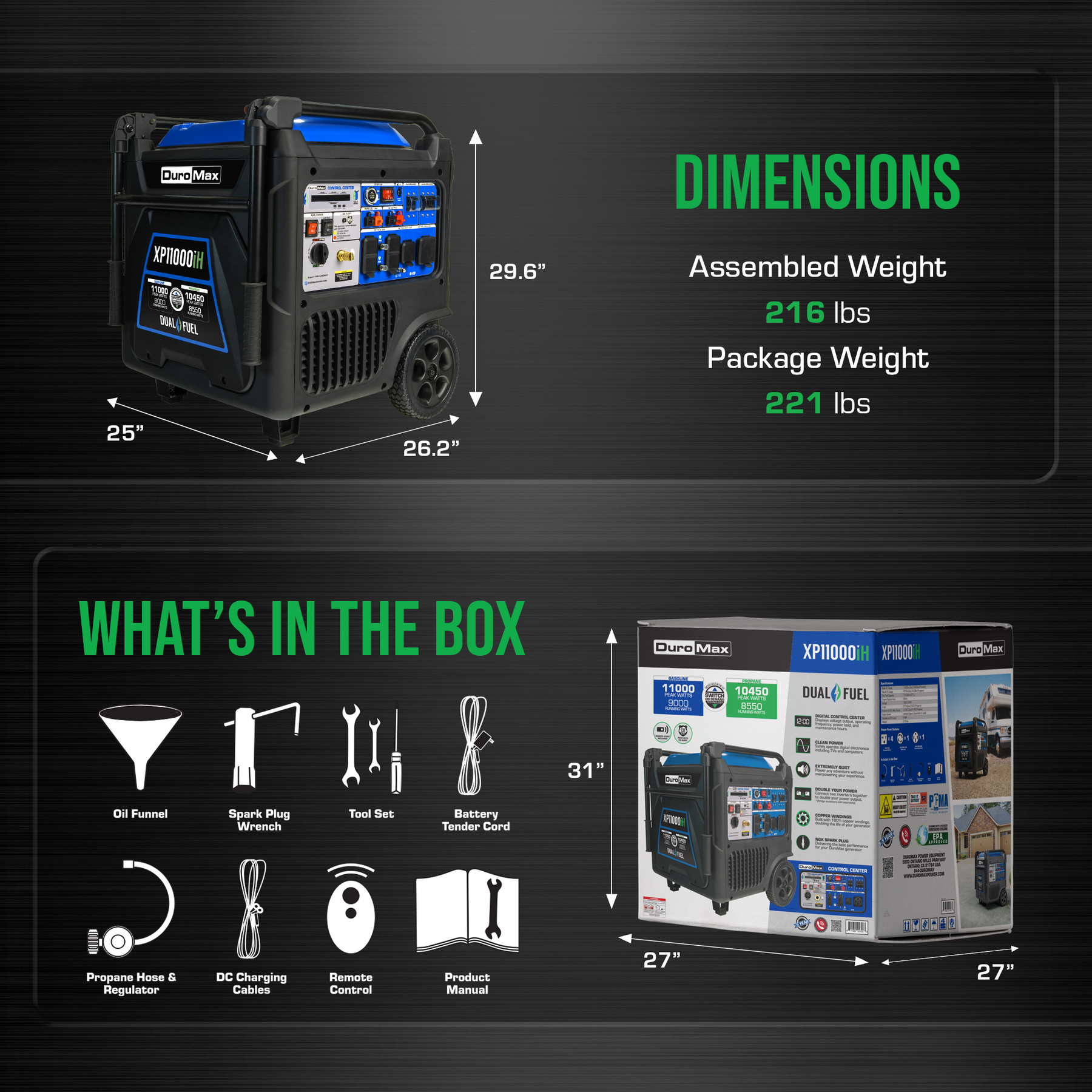 DuroMax XP11000iH 11,000 Watt Portable Dual Fuel Inverter Generator - Quiet & Reliable Power
