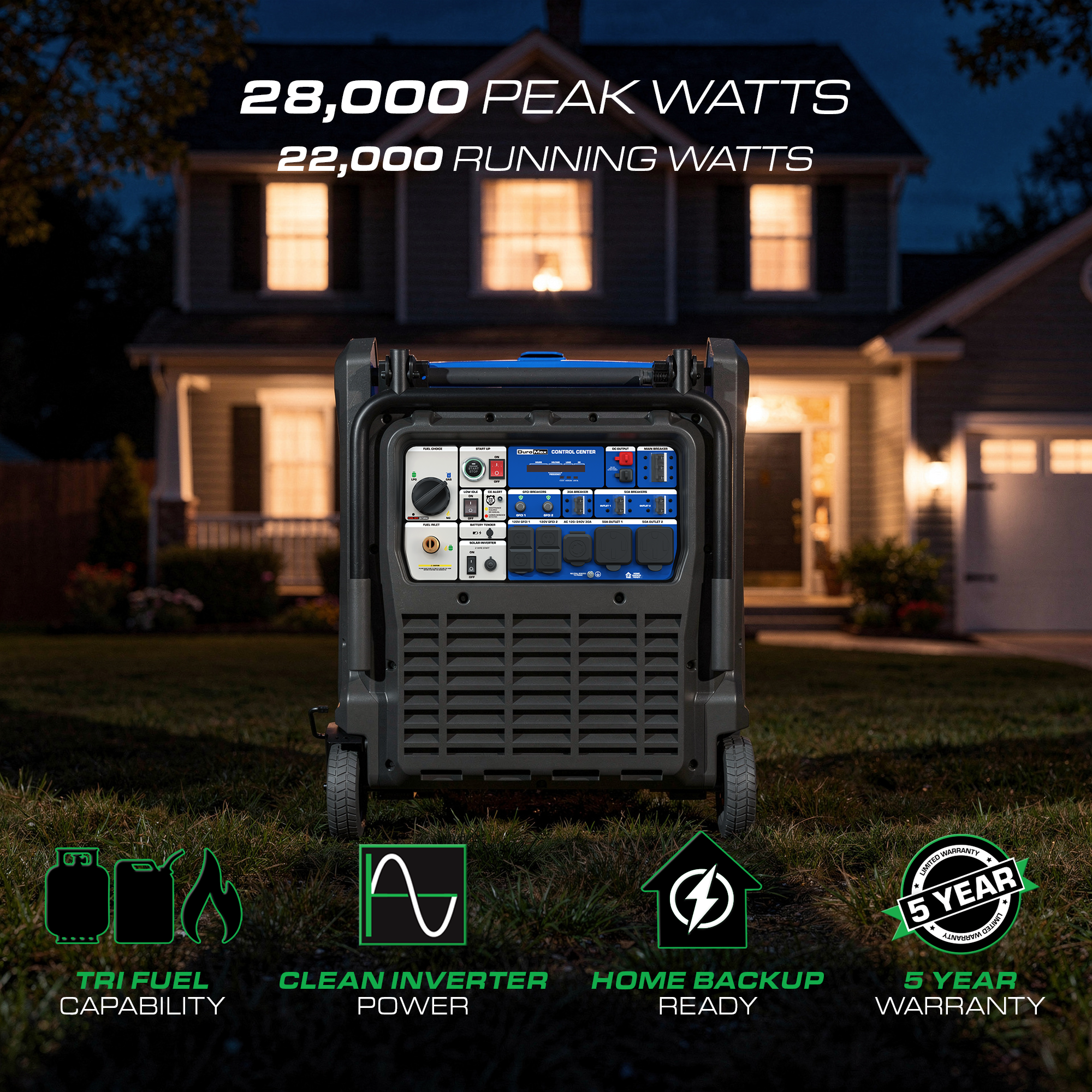 DuroMax 28,000 Watt Tri Fuel Portable Inverter Generator with CO Alert