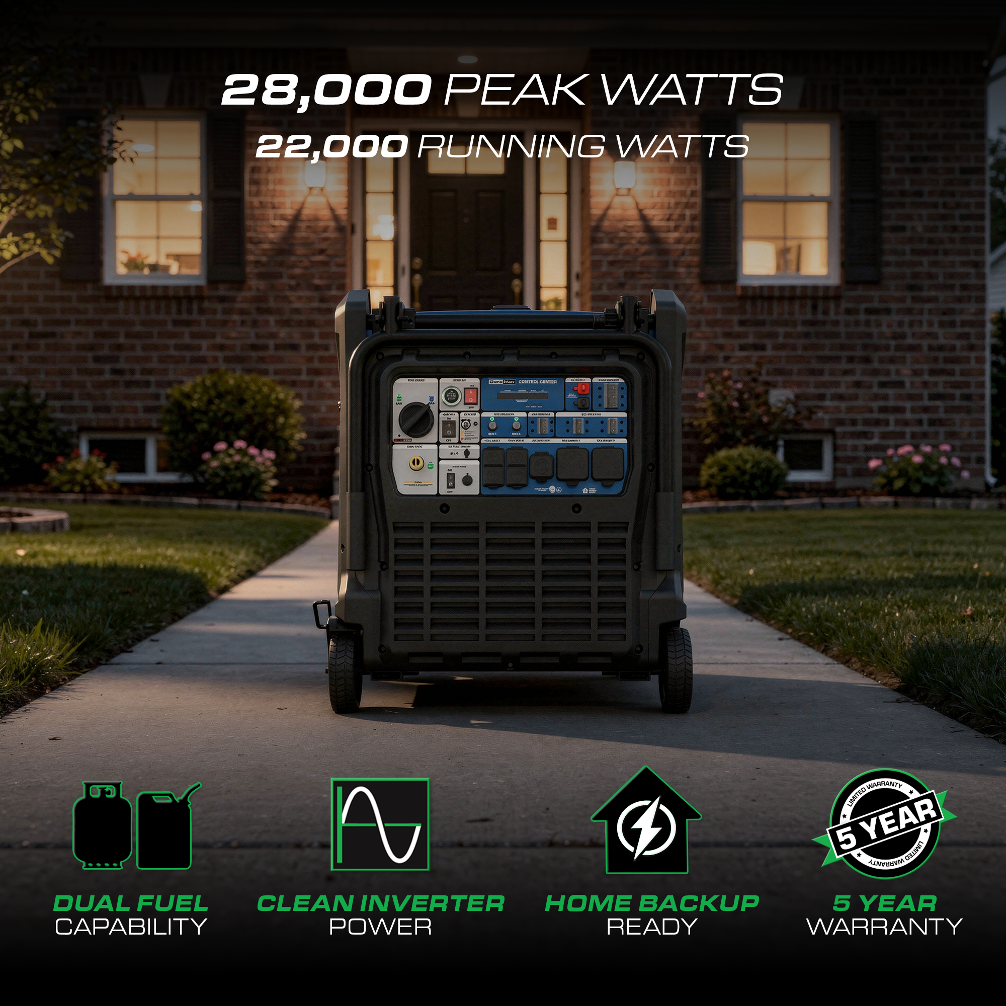 DuroMax 28,000 Watt Dual Fuel Portable Inverter Generator w/ CO Alert