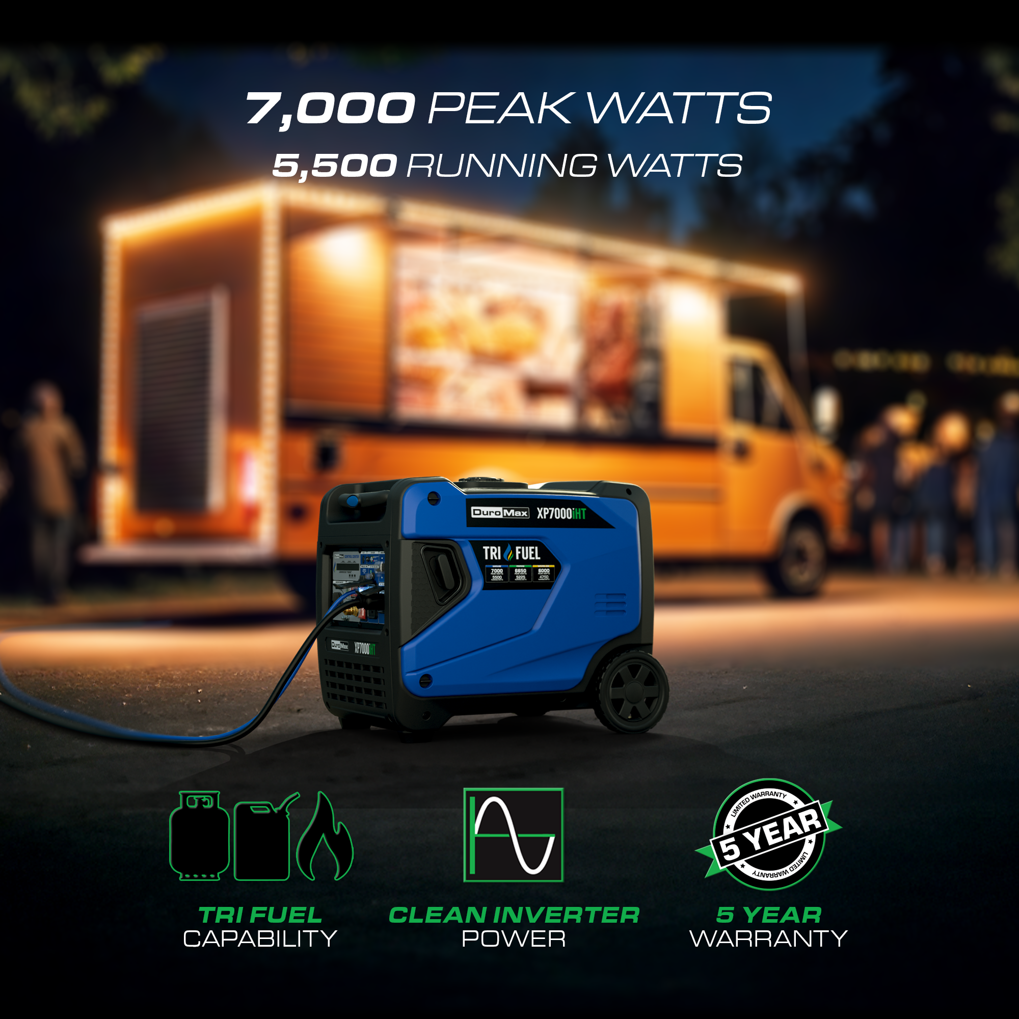 DuroMax 7,000 Watt Portable Tri Fuel Inverter Generator - Quiet & Reliable Power
