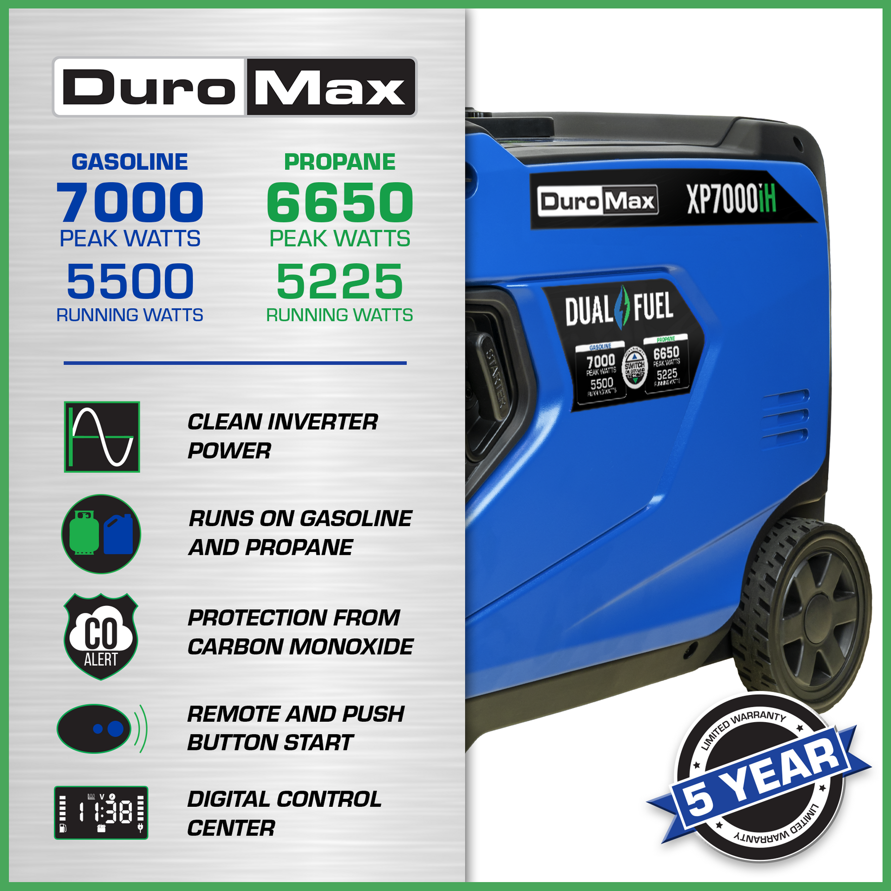 DuroMax XP7000iH 7,000 Watt Portable Dual Fuel Inverter Generator - Power Anywhere, Anytime