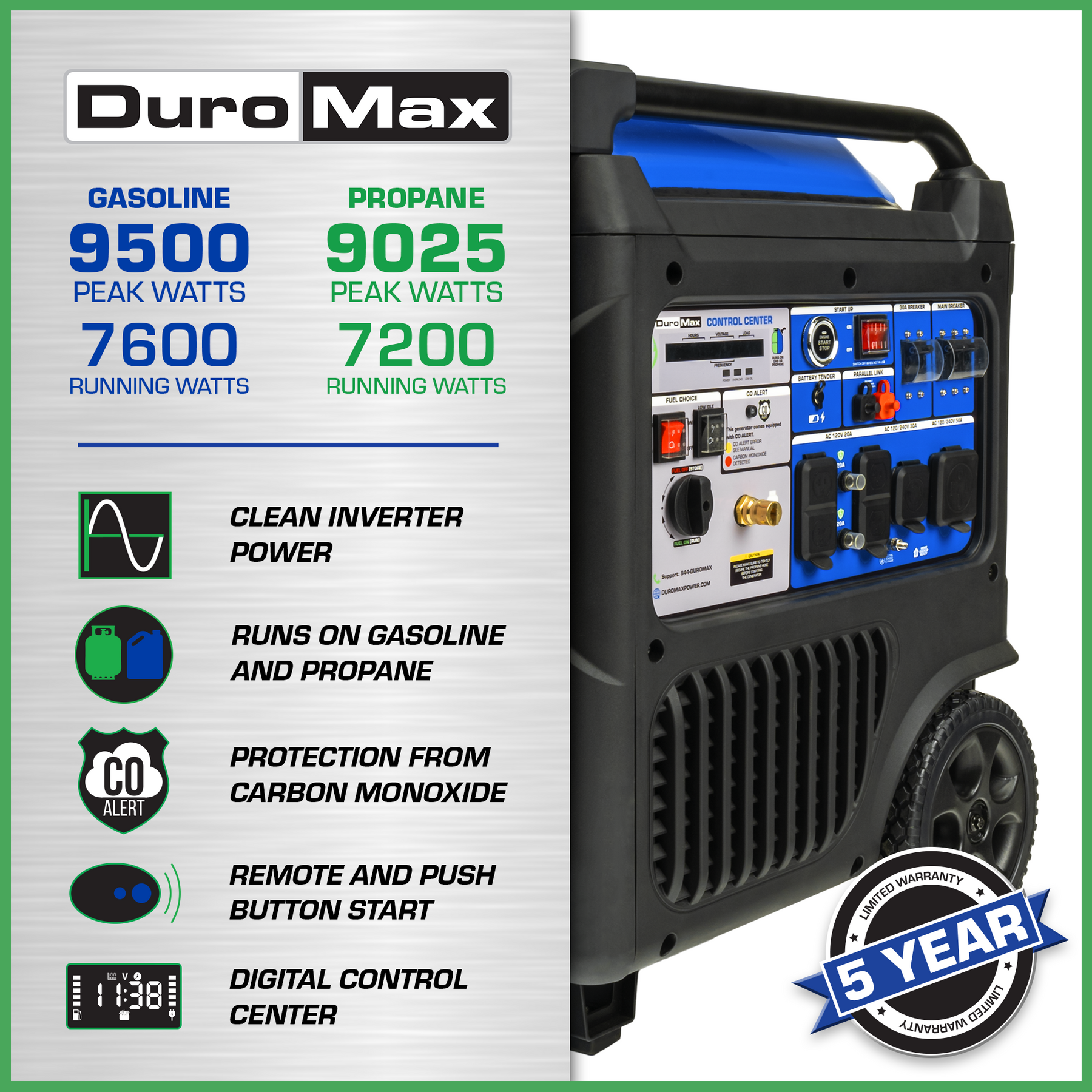DuroMax XP9500iH 9,500 Watt Portable Dual Fuel Inverter Generator
