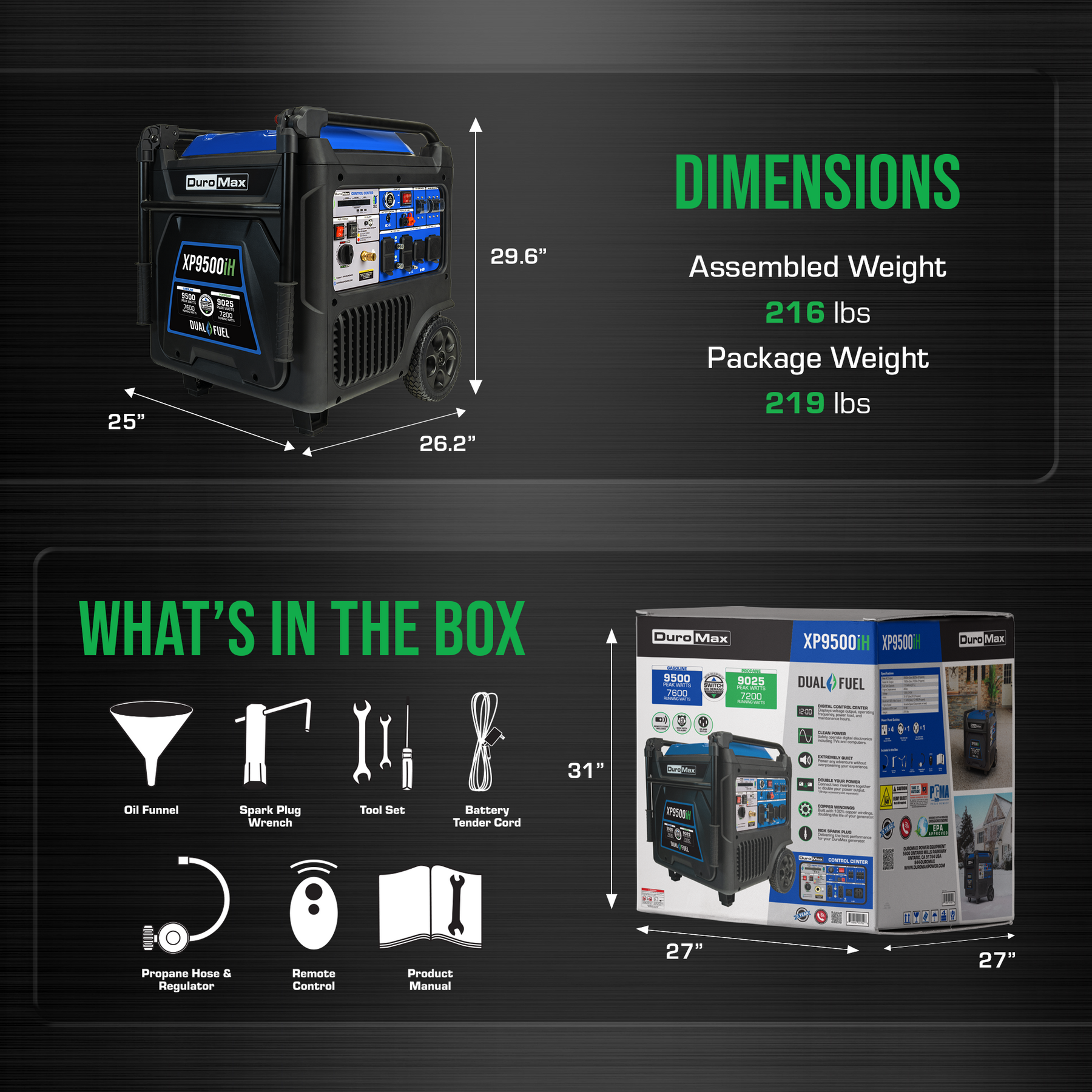 DuroMax XP9500iH 9,500 Watt Portable Dual Fuel Inverter Generator