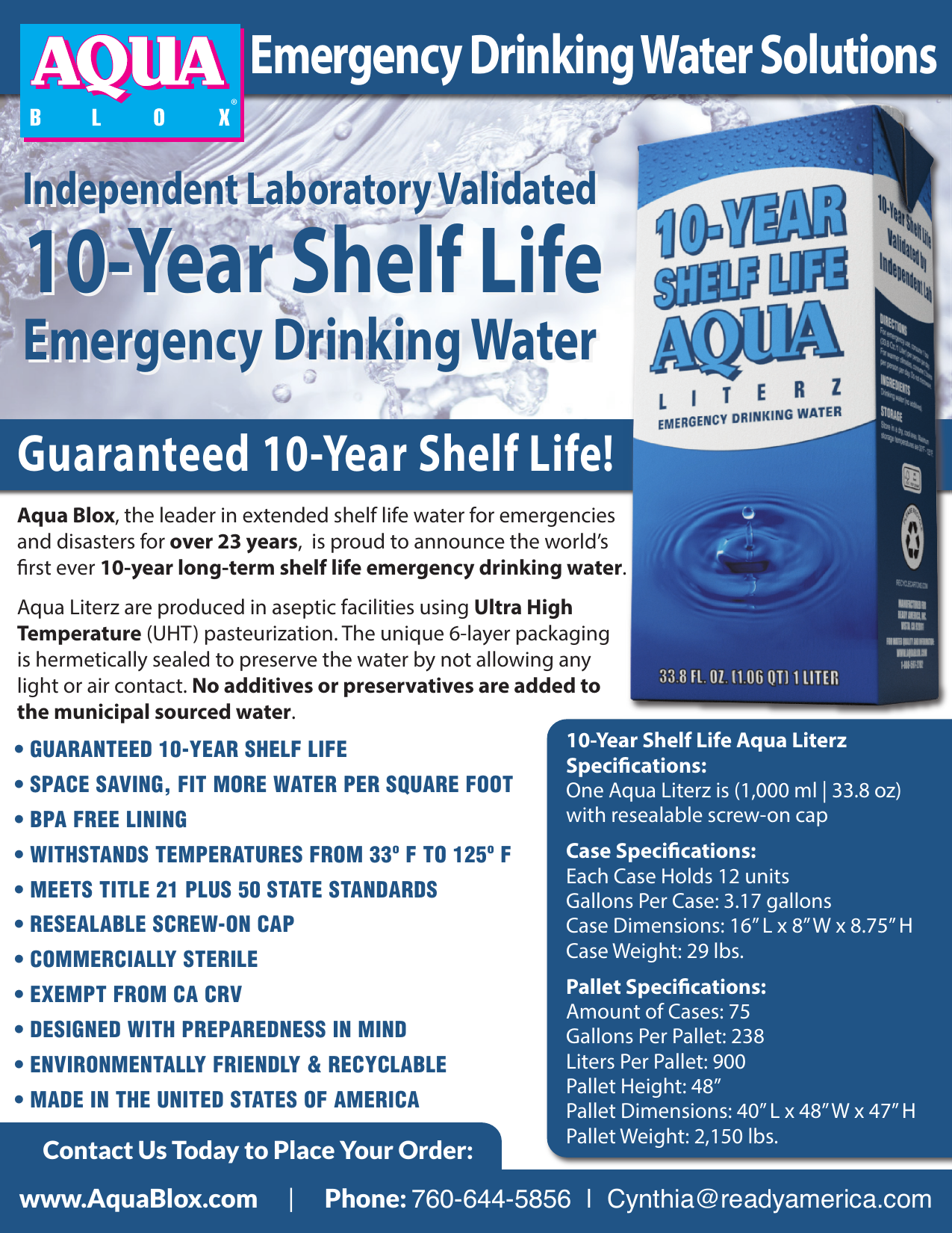 Aqua Literz 10-Year Shelf Life emergency drinking water manufacturer specifications