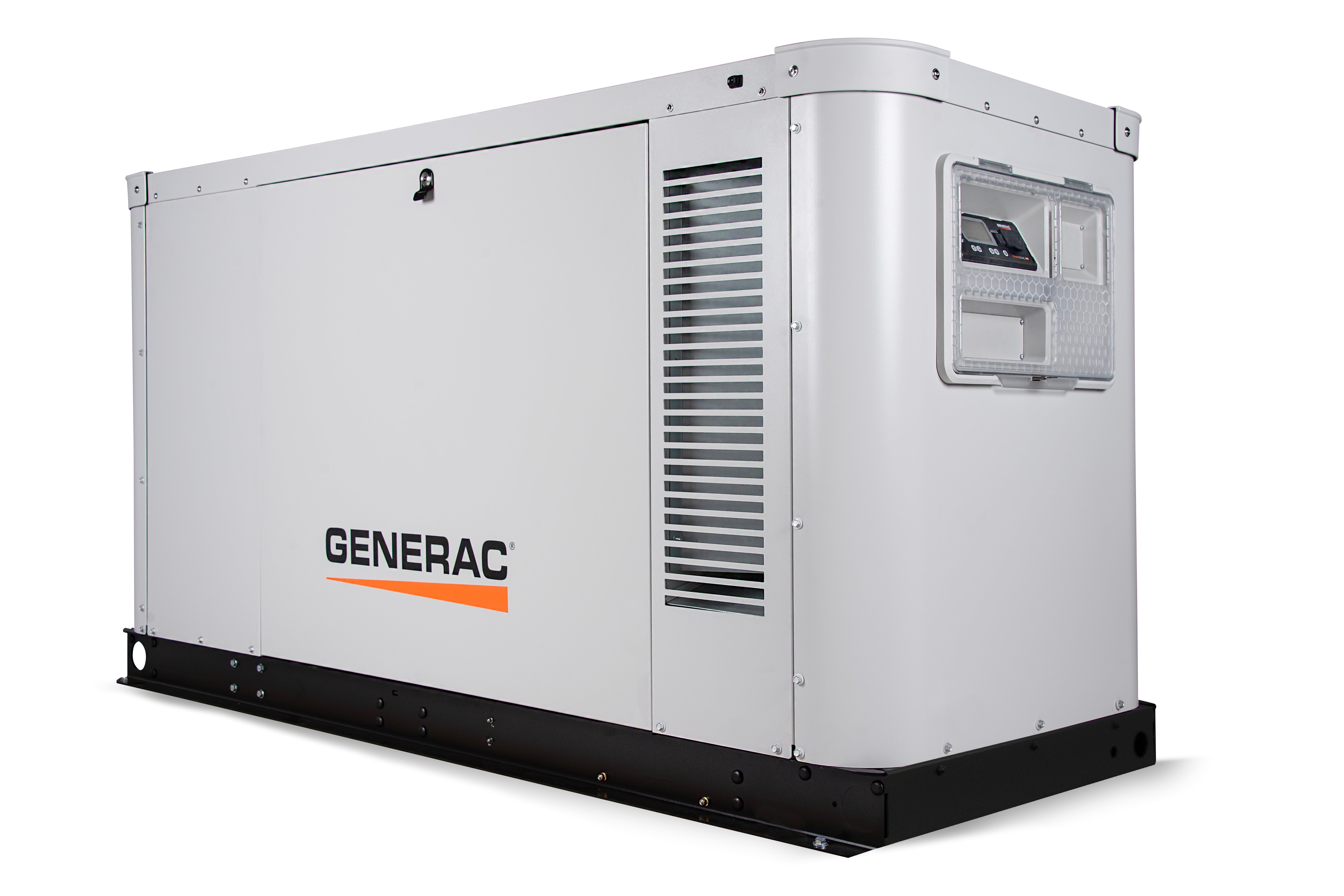 Generac XG03245ANAX 32kW generator diagonal view showing control panel and housing vents