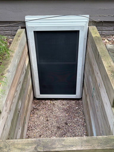 Operable security window screen in installed setting, representative