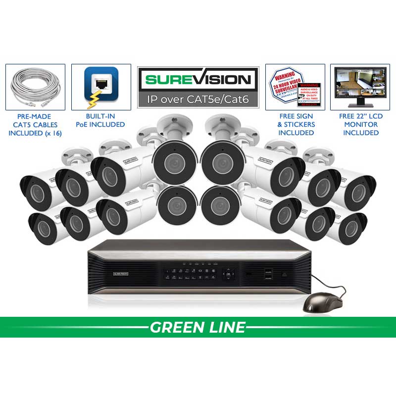 CCTV Security Pros SureVision NVR 16 4MP IP Bullet Camera Security System with Infrared Night Vision and Audio Recording primary product showcase highlighting essential features for professional emergency preparedness solutions